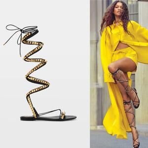 Valentino Garavani Black Leather No Limit Rockstud Knee High Wrap Sandal EU 39.5